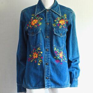 Lemay 1970's Heavy Denim Hand Embroidered Shirt With Flowers & Mushrooms
